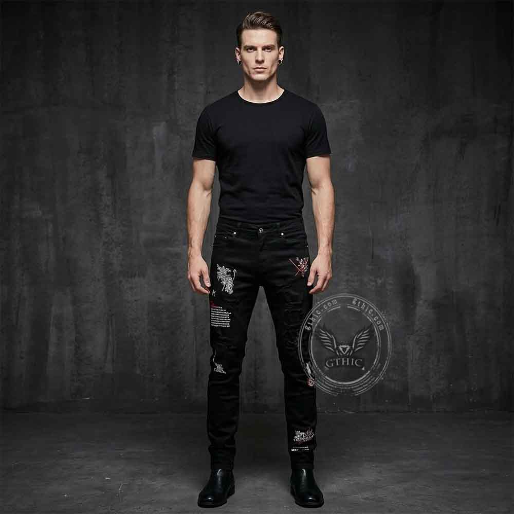 Gothic Graffiti Distressed Slim Fit Stretch Jeans | Gthic.com