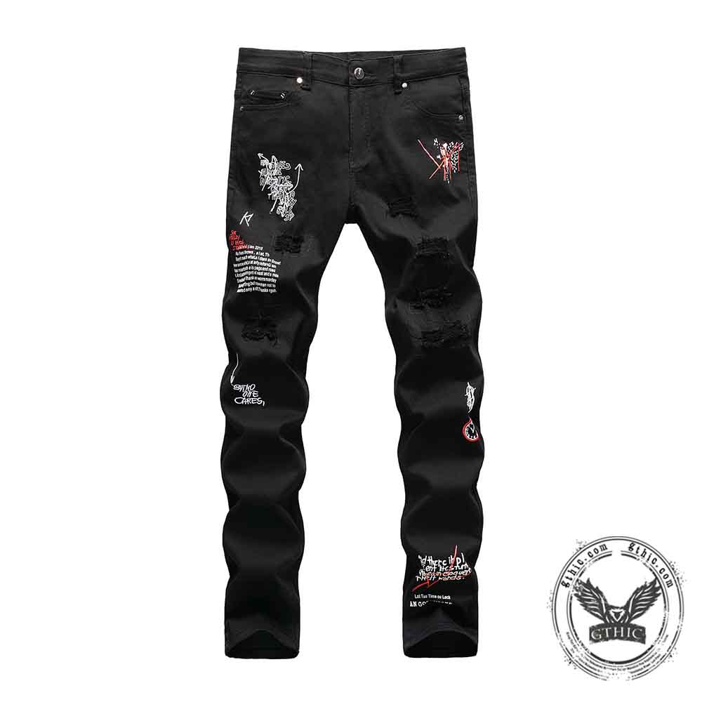 Gothic Graffiti Distressed Slim Fit Stretch Jeans