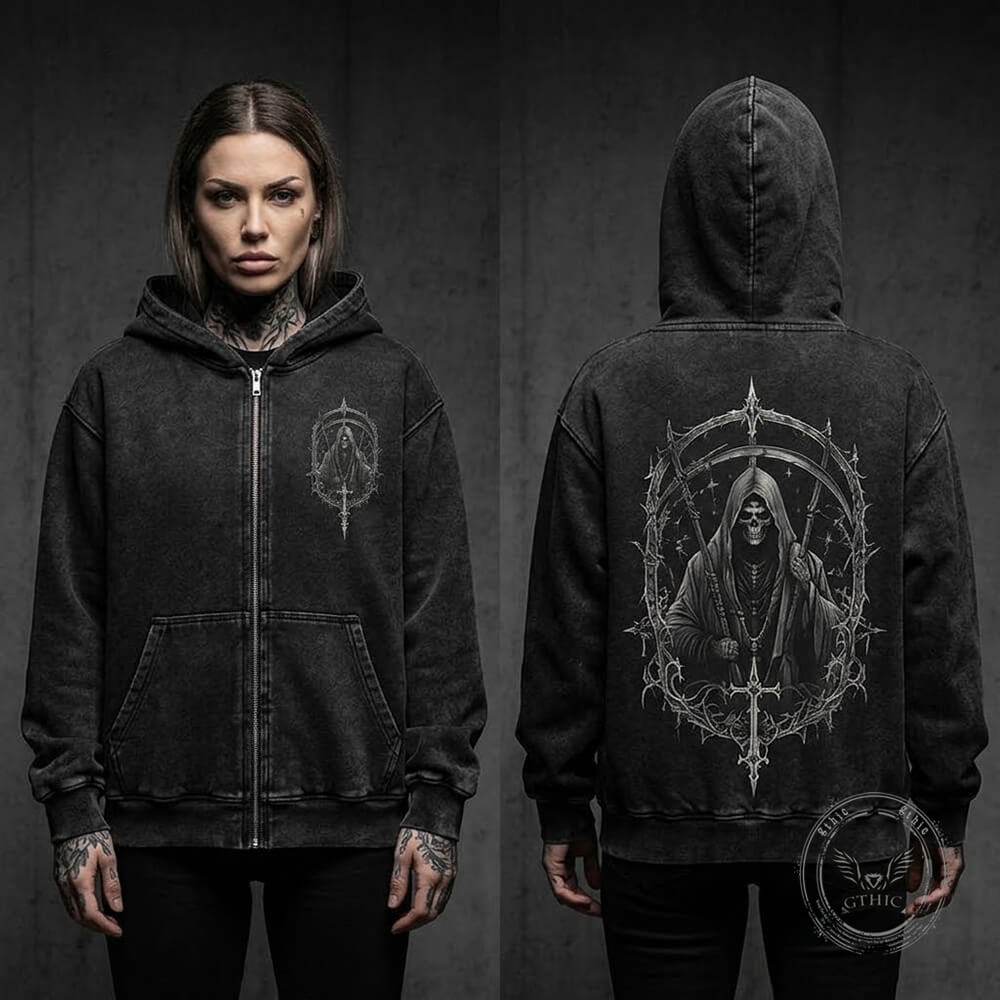 Gothic Grim Reaper Vintage Washed Zip-Up Hoodie | Gthic.com