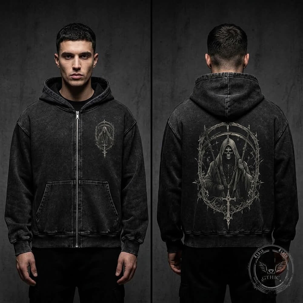 Gothic Grim Reaper Vintage Washed Zip-Up Hoodie | Gthic.com