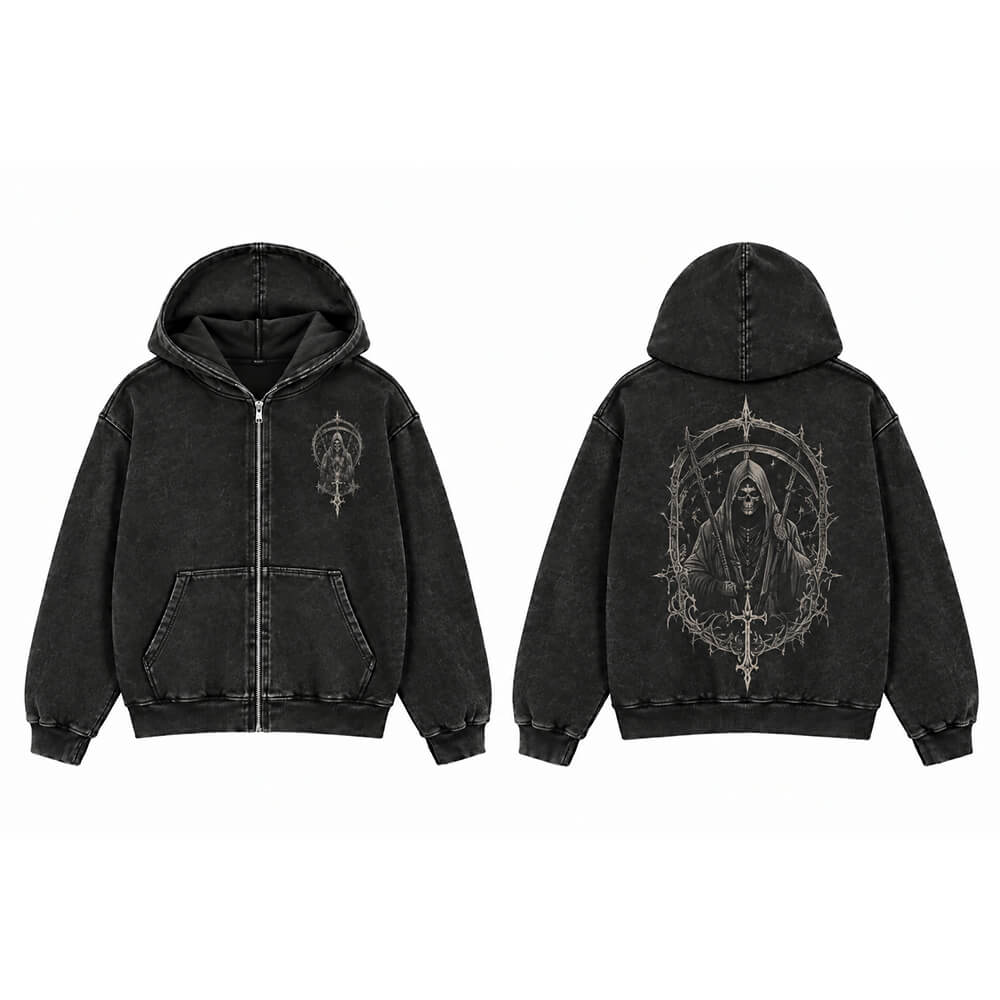 Gothic Grim Reaper Vintage Washed Zip-Up Hoodie | Gthic.com