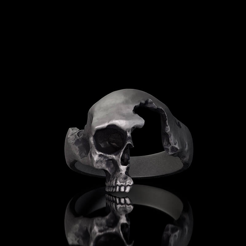 Gothic Half Skull Face Sterling Silver Ring | Gthic.com