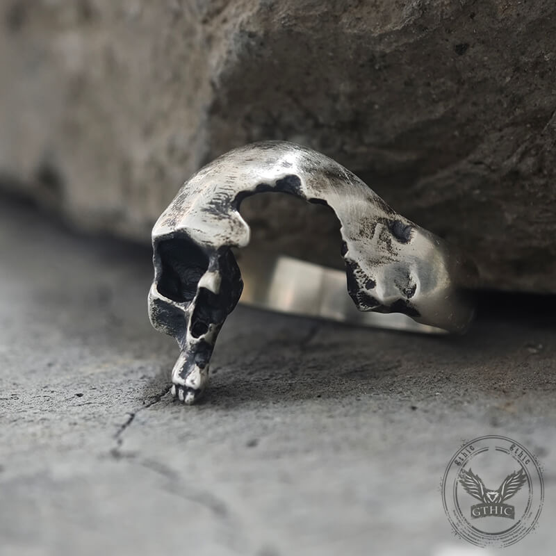 Gothic Half Skull Face Sterling Silver Ring