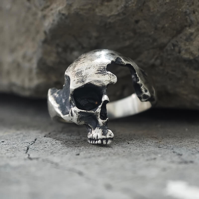 Gothic Half Skull Face Sterling Silver Ring