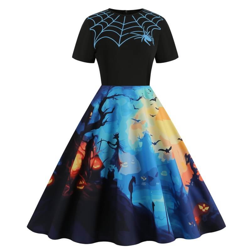 Gothic Halloween Pumpkin Print Round Neck Swing Dress