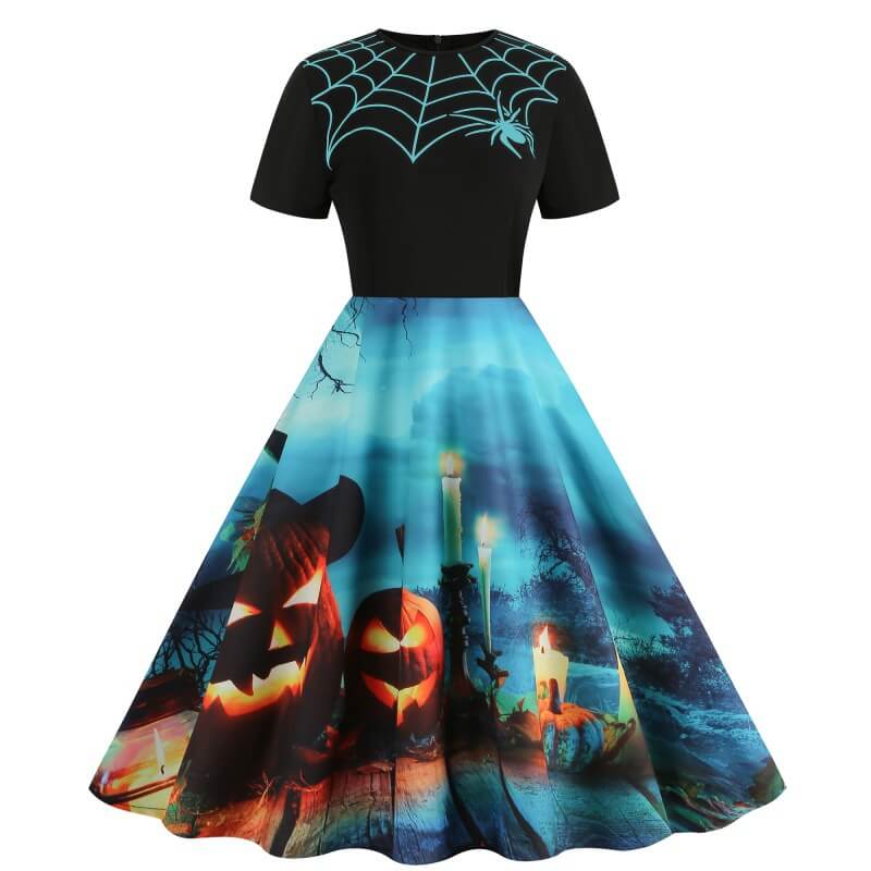 Gothic Halloween Pumpkin Print Round Neck Swing Dress
