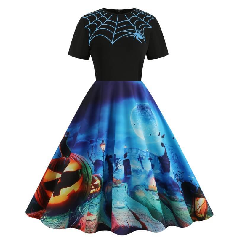 Gothic Halloween Pumpkin Print Round Neck Swing Dress