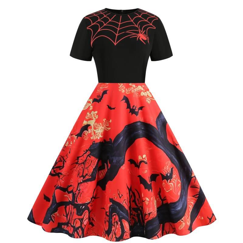 Gothic Halloween Pumpkin Print Round Neck Swing Dress