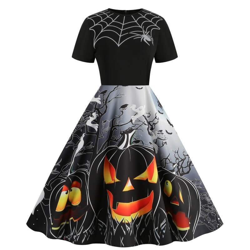 Gothic Halloween Pumpkin Print Round Neck Swing Dress | Gthic.com
