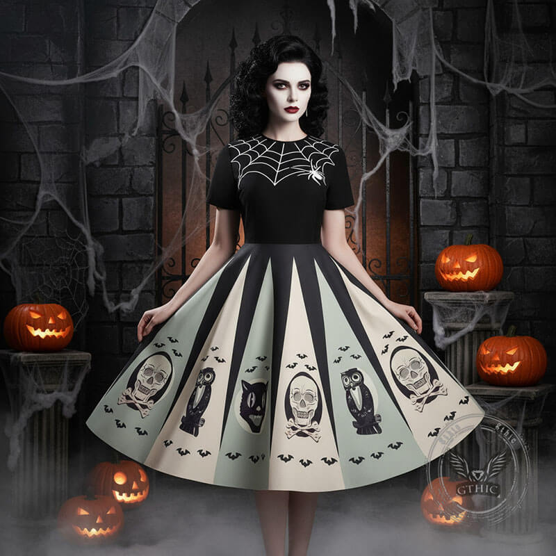 Gothic Halloween Pumpkin Print Round Neck Swing Dress | Gthic.com