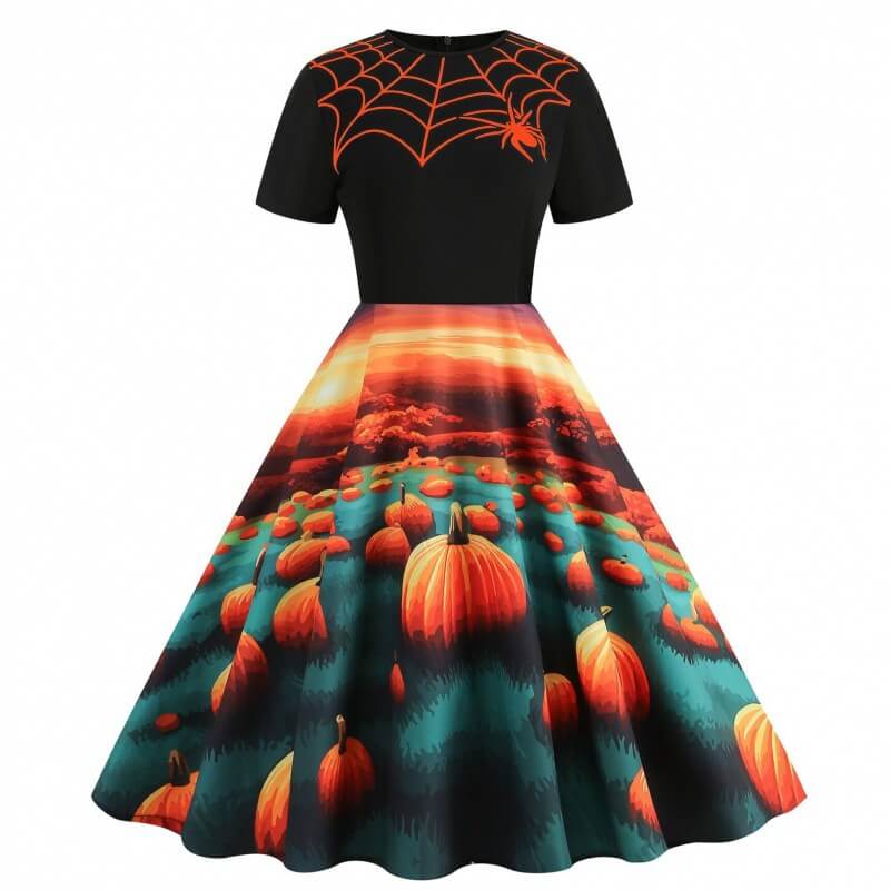 Gothic Halloween Pumpkin Print Round Neck Swing Dress