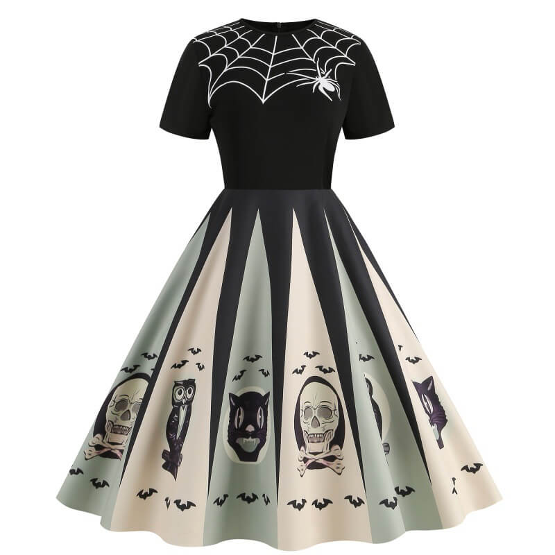 Gothic Halloween Pumpkin Print Round Neck Swing Dress | Gthic.com