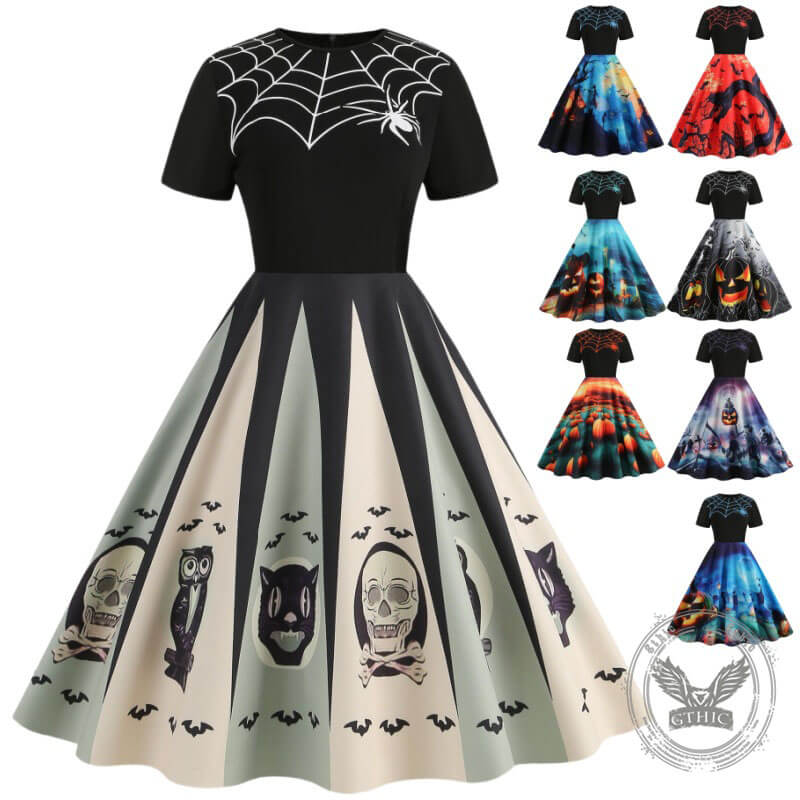 Gothic Halloween Pumpkin Print Round Neck Swing Dress | Gthic.com