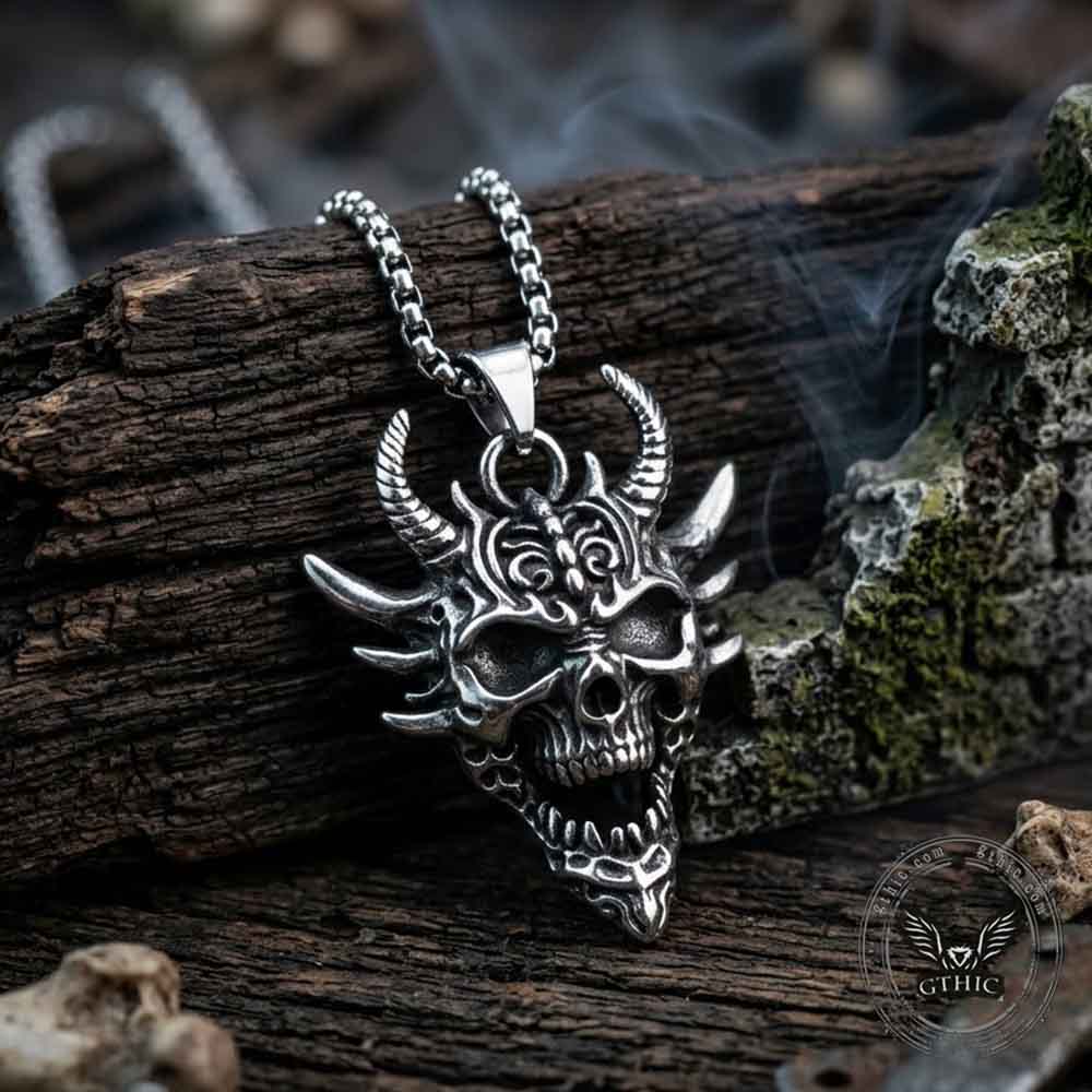 Gothic Hannya Horned Skull Stainless Steel Pendant | Gthic.com