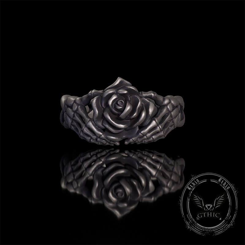 Gothic Heart Skull Hand Holding Rose Sterling Silver Ring | Gthic.com