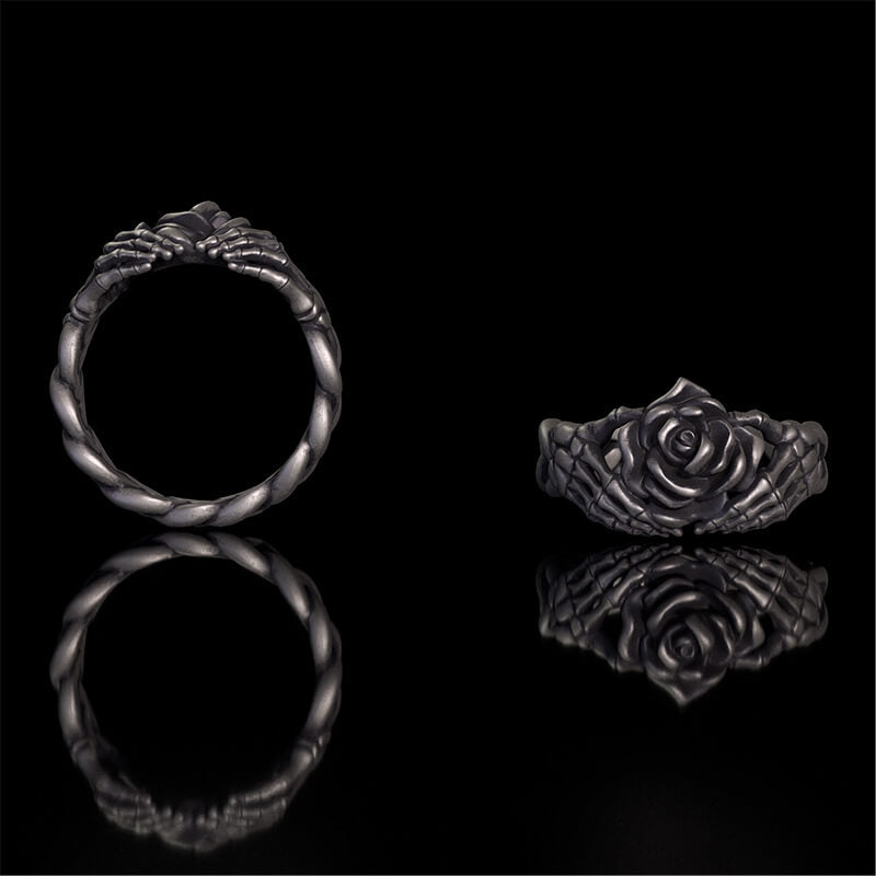 Gothic Heart Skull Hand Holding Rose Sterling Silver Ring | Gthic.com