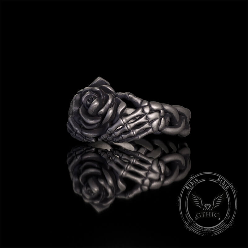 Gothic Heart Skull Hand Holding Rose Sterling Silver Ring | Gthic.com