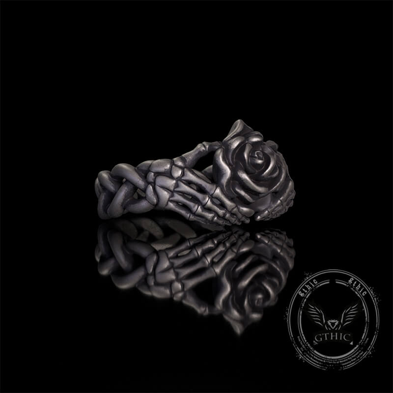Gothic Heart Skull Hand Holding Rose Sterling Silver Ring | Gthic.com
