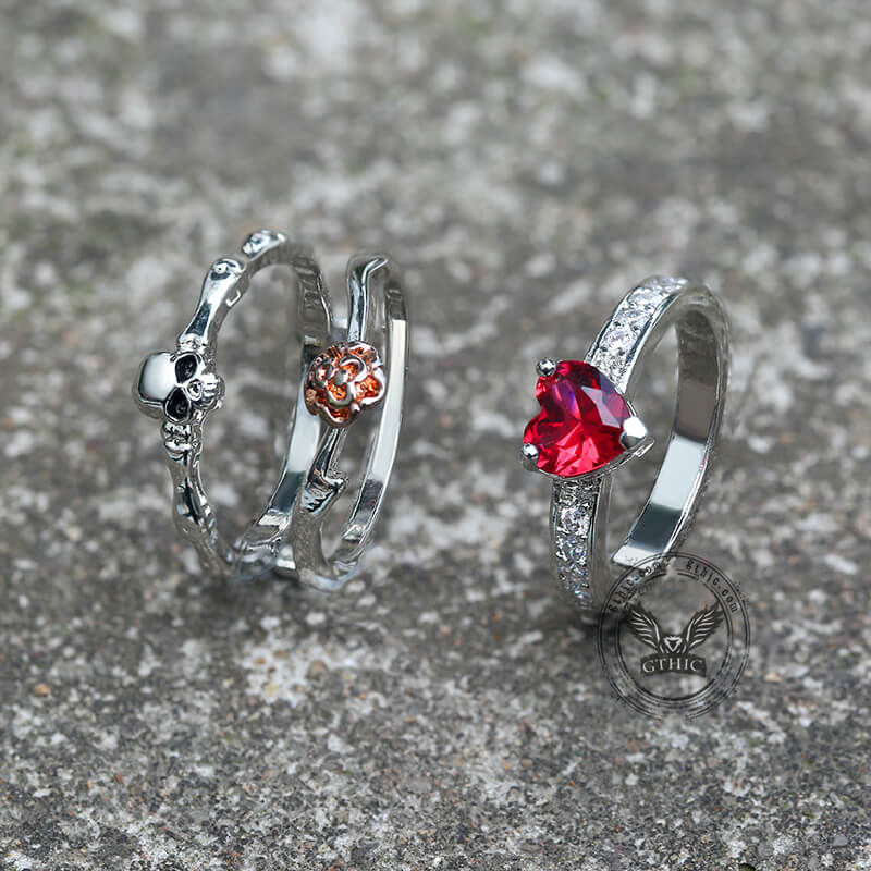 Gothic Heart Zircon Skull Brass Ring | Gthic.com