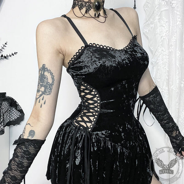Gothic Hollow Lace Up Suspender Dress | Gthic.com
