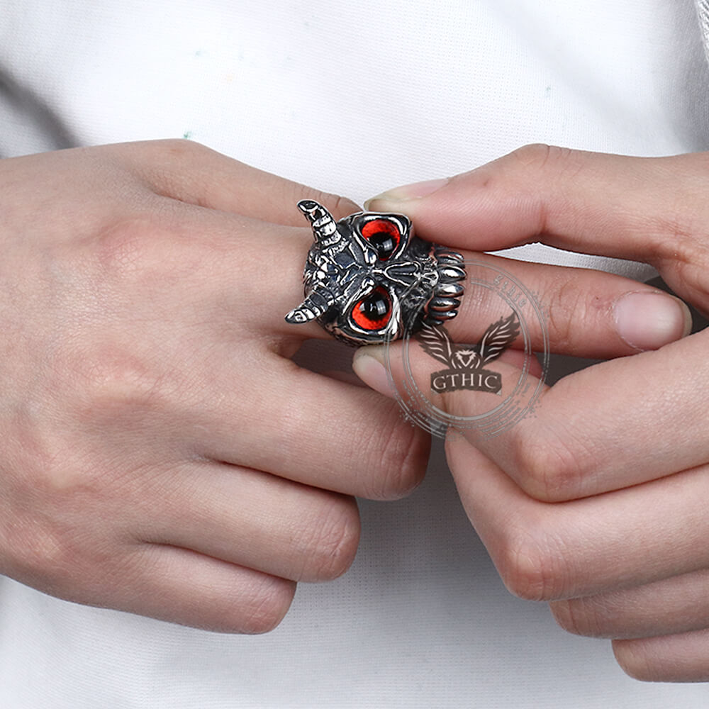 Gothic Horn Skull Devil Eye Stainless Steel Ring | Gthic.com