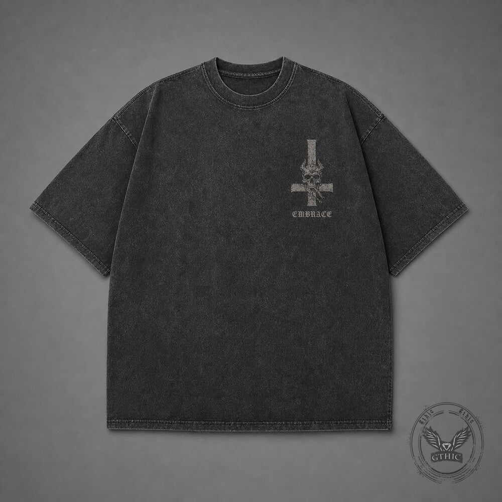Gothic Inverted Cross Skeleton Beast Vintage Washed T-Shirt