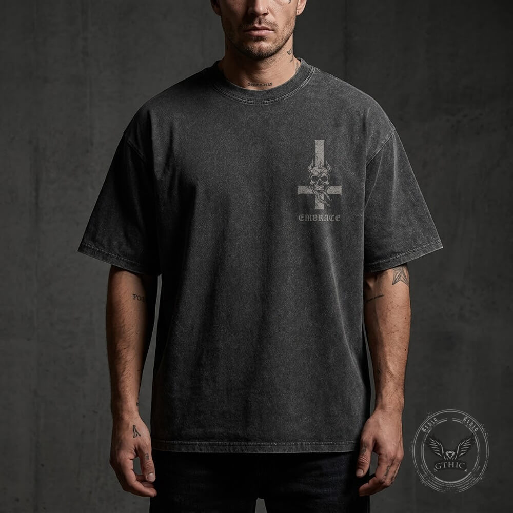 Gothic Inverted Cross Skeleton Beast Vintage Washed T-Shirt | Gthic.com