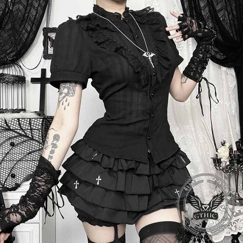 Gothic Jacquard Design Dark Short Sleeve Shirt 01 | Gthic.com