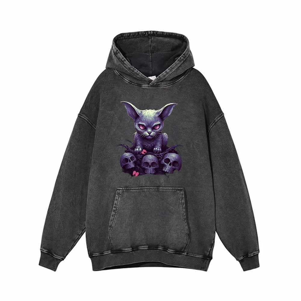 Gothic Kitten And Skeleton Vintage Washed Hoodie 01 | Gthic.com