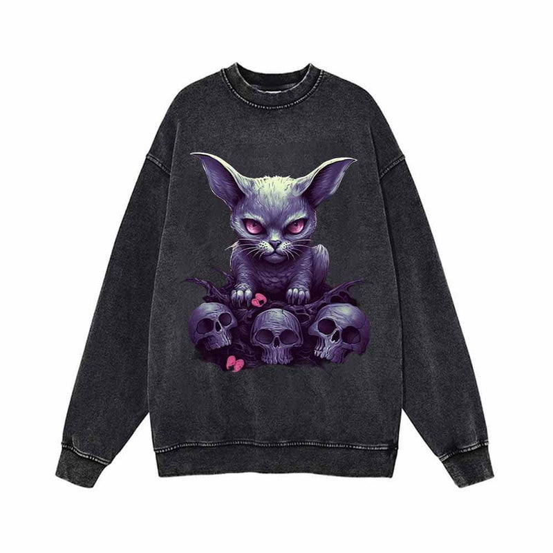 Gothic Kitten And Skeleton Vintage Washed Sweatshirt 01 | Gthic.com