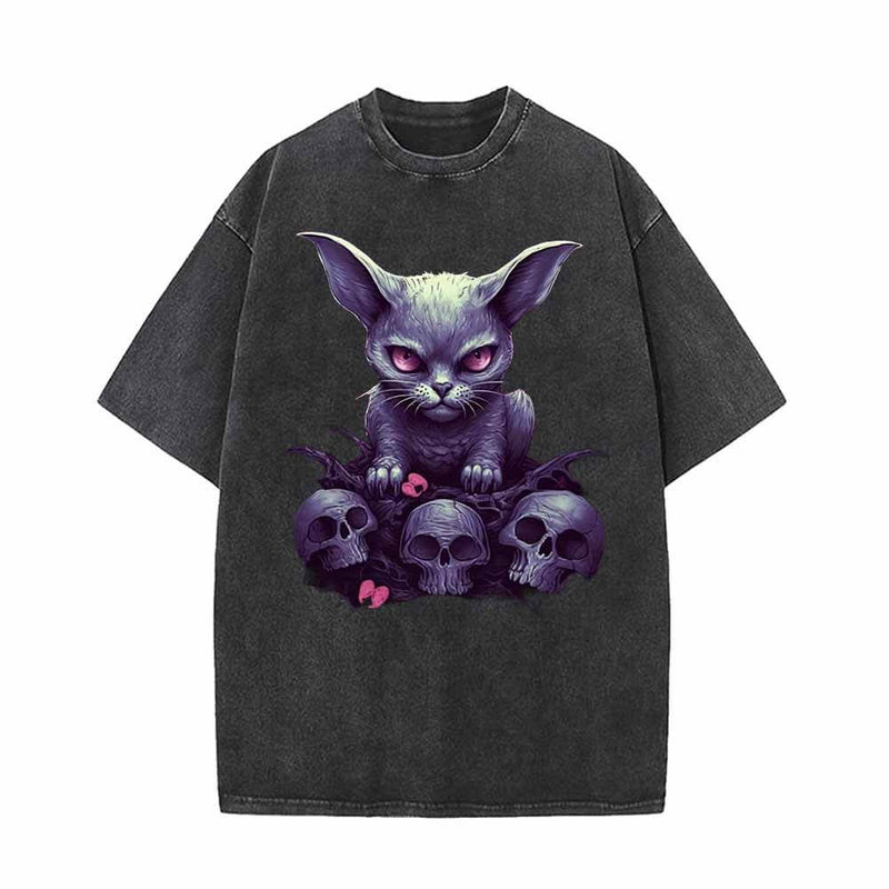 Gothic Kitten And Skeleton Vintage Washed T-shirt 01 | Gthic.com