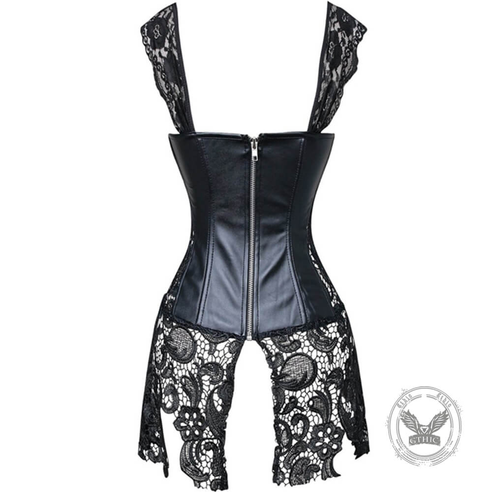 Gothic Lace Hem PU Leather Cutout Corset