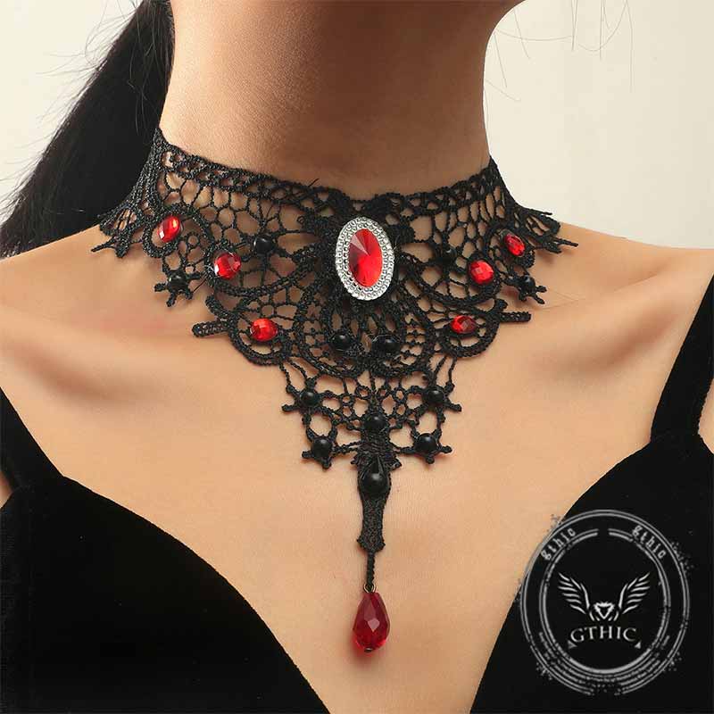 Gothic Lace Ruby Alloy Choker Necklace 01 | Gthic.com