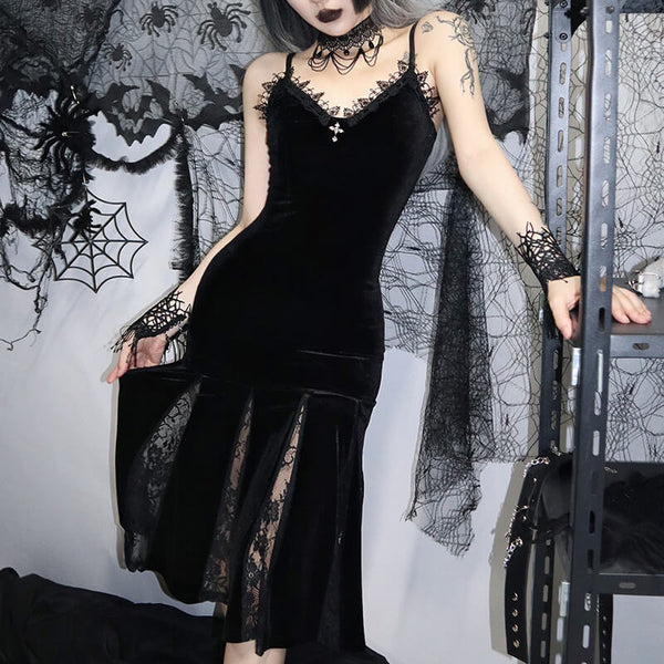 Gothic Lace Velvet Mermaid Slip Dress