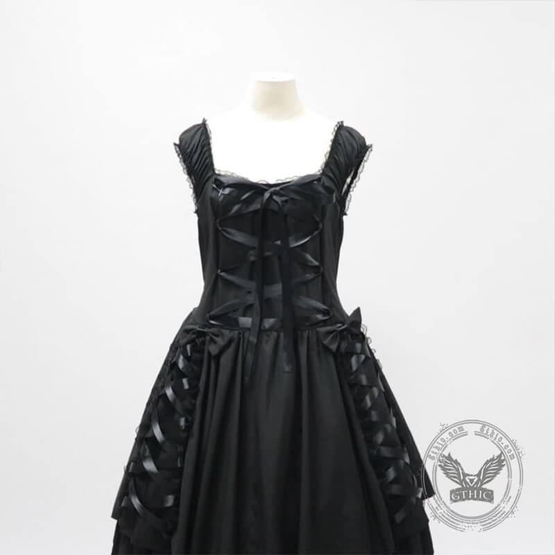 Black Layered Lace-Up Sleeveless Lolita Dress GTHIC Black Layered Lace-Up Sleeveless Lolita Dress GTHIC
