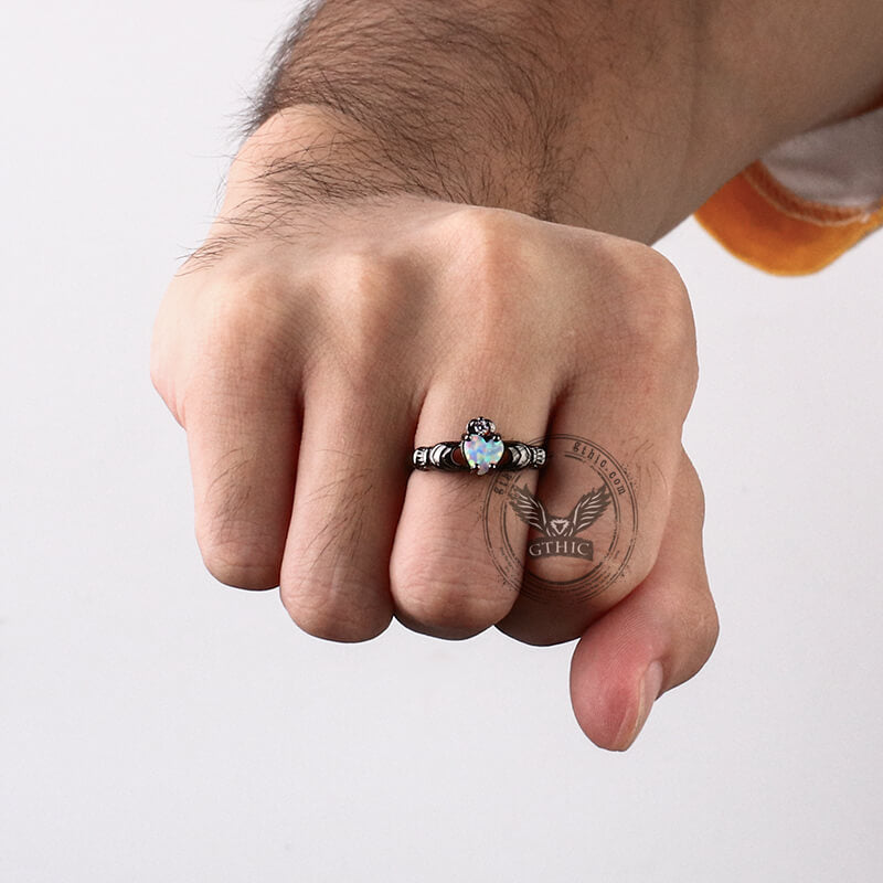 Gothic Love Heart Opal Brass Claddagh Ring