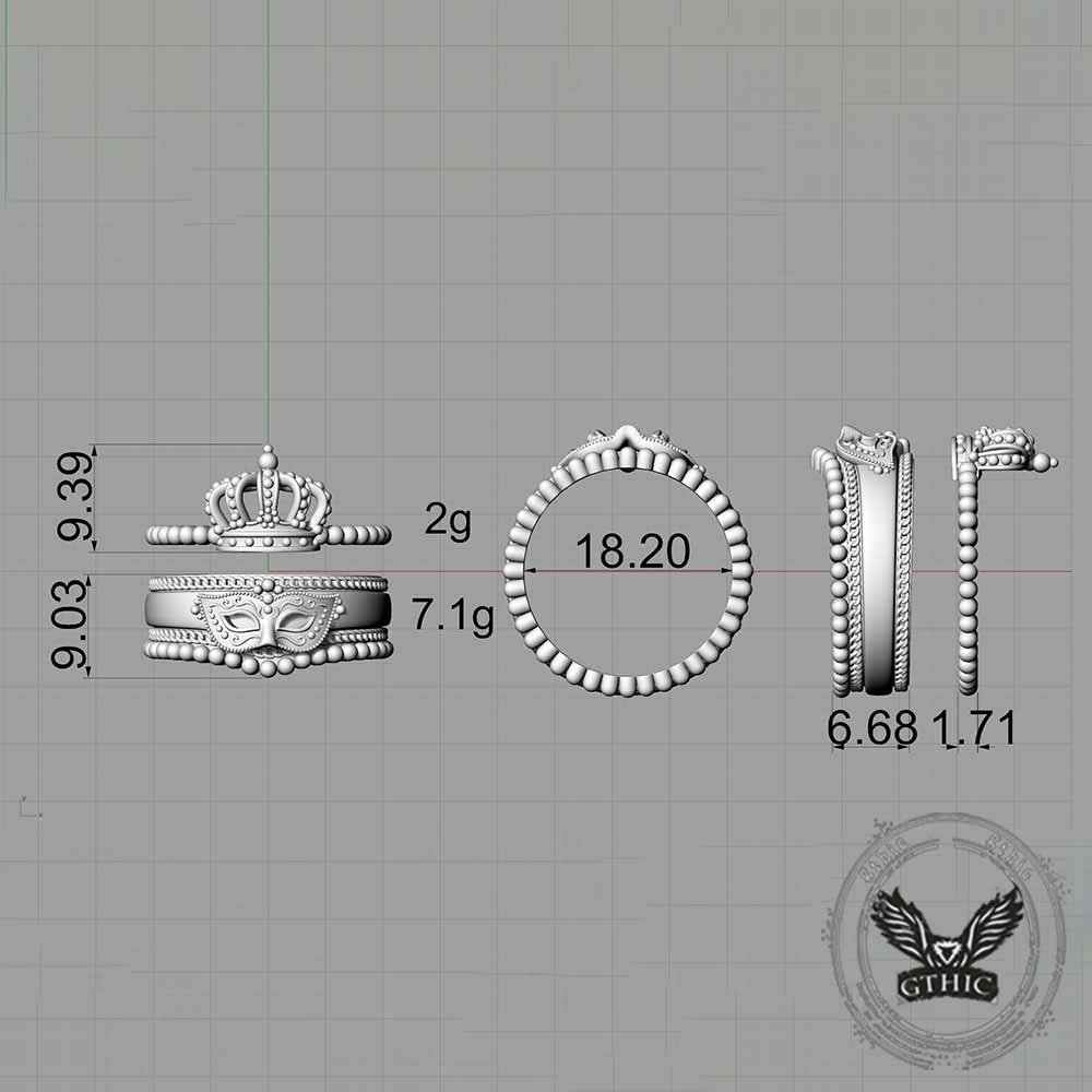 Gothic Masquerade Mask Crown Sterling Silver Ring Set