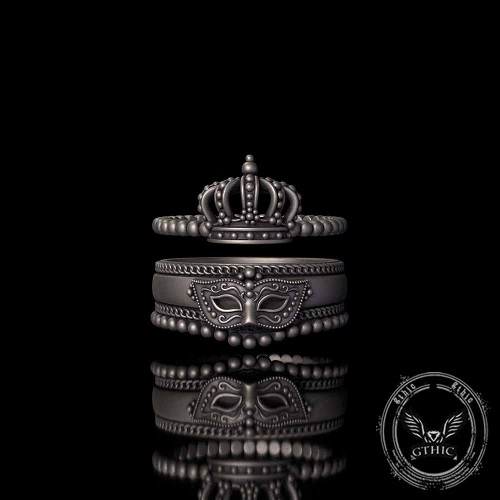 Gothic Masquerade Mask Crown Sterling Silver Ring Set