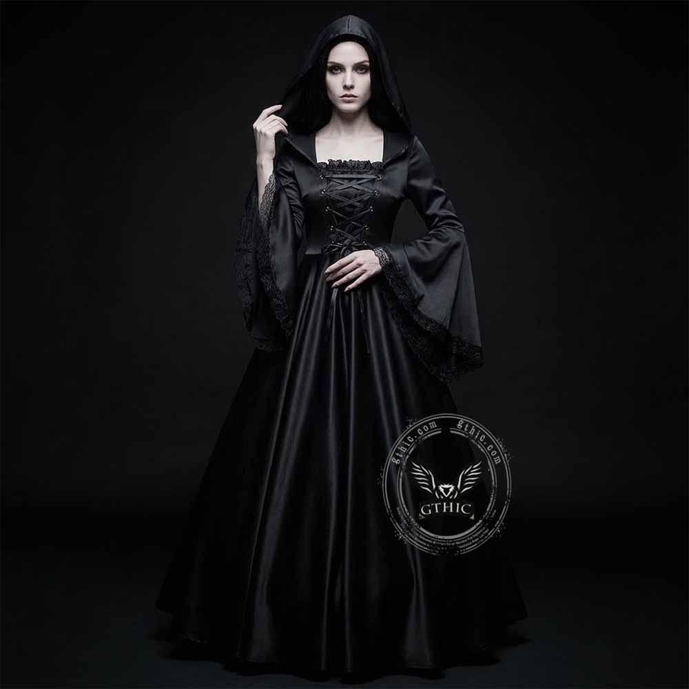 Gothic Medieval Hooded Satin Witch Cosplay Dress | Gthic.com