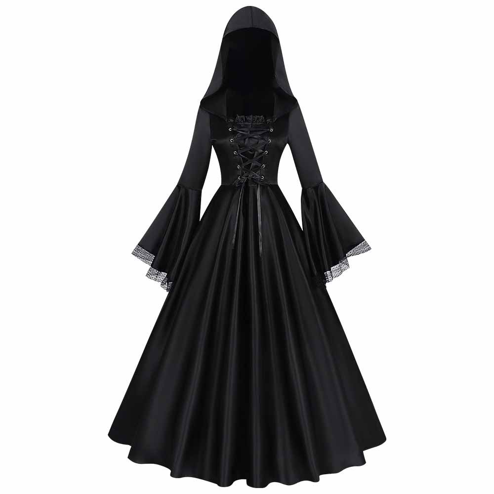 Gothic Medieval Hooded Satin Witch Cosplay Dress | Gthic.com