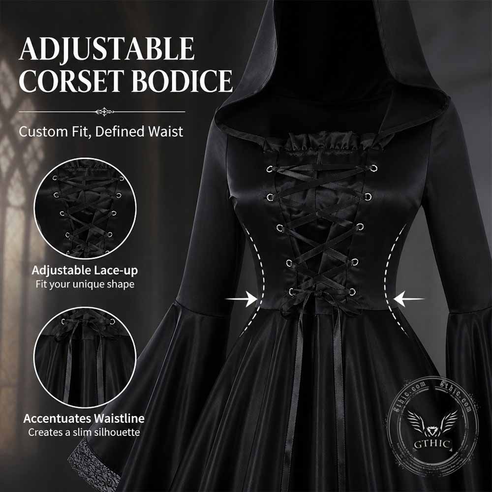 Gothic Medieval Hooded Satin Witch Cosplay Dress