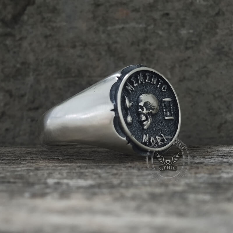 Gothic Memento Mori Letters Sterling Silver Skull Ring | Gthic.com