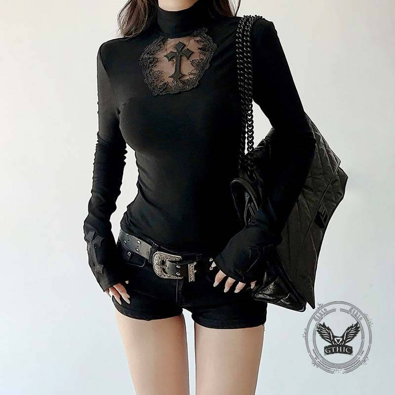 Gothic Mesh Hollow Cross Slim Long Sleeve Top 01 | Gthic.com