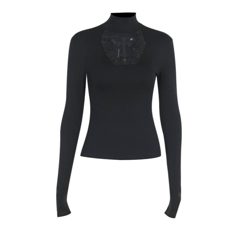 Gothic Mesh Hollow Cross Slim Long Sleeve Top