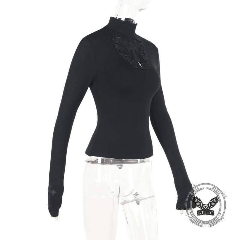Gothic Mesh Hollow Cross Slim Long Sleeve Top