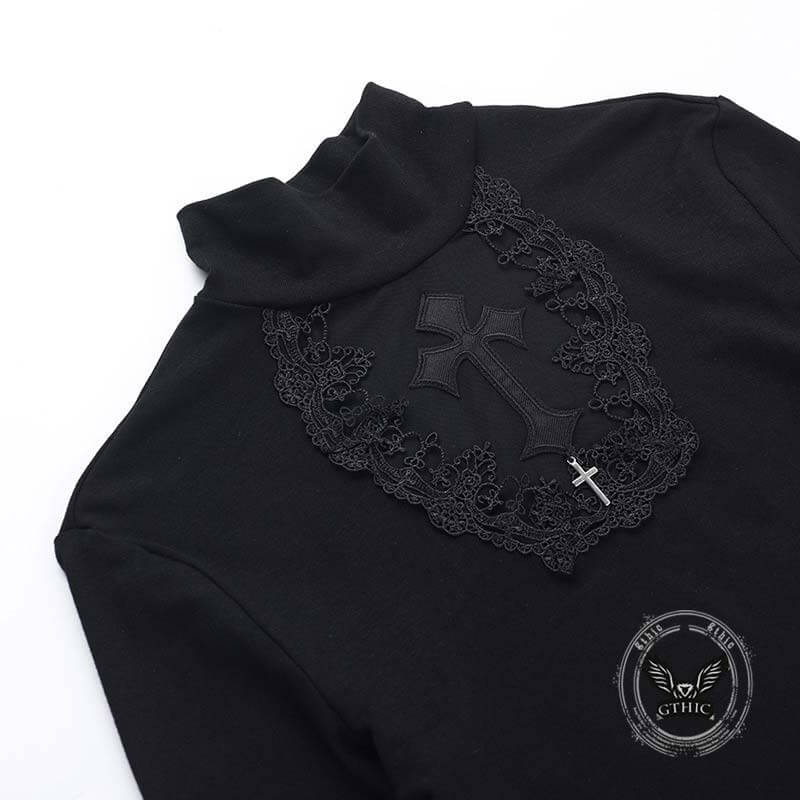 Gothic Mesh Hollow Cross Slim Long Sleeve Top