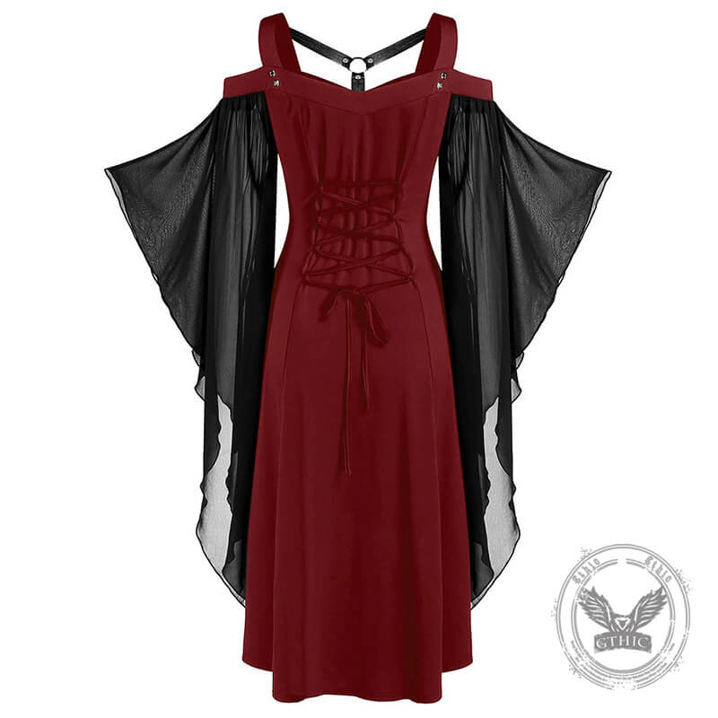 Gothic Mesh Splicing Bat Sleeve Straps Dress