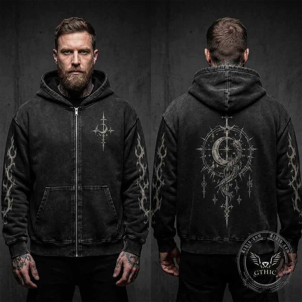 Gothic Moon Dragon Vintage Washed Zip-Up Hooded Jacket | Gthic.com