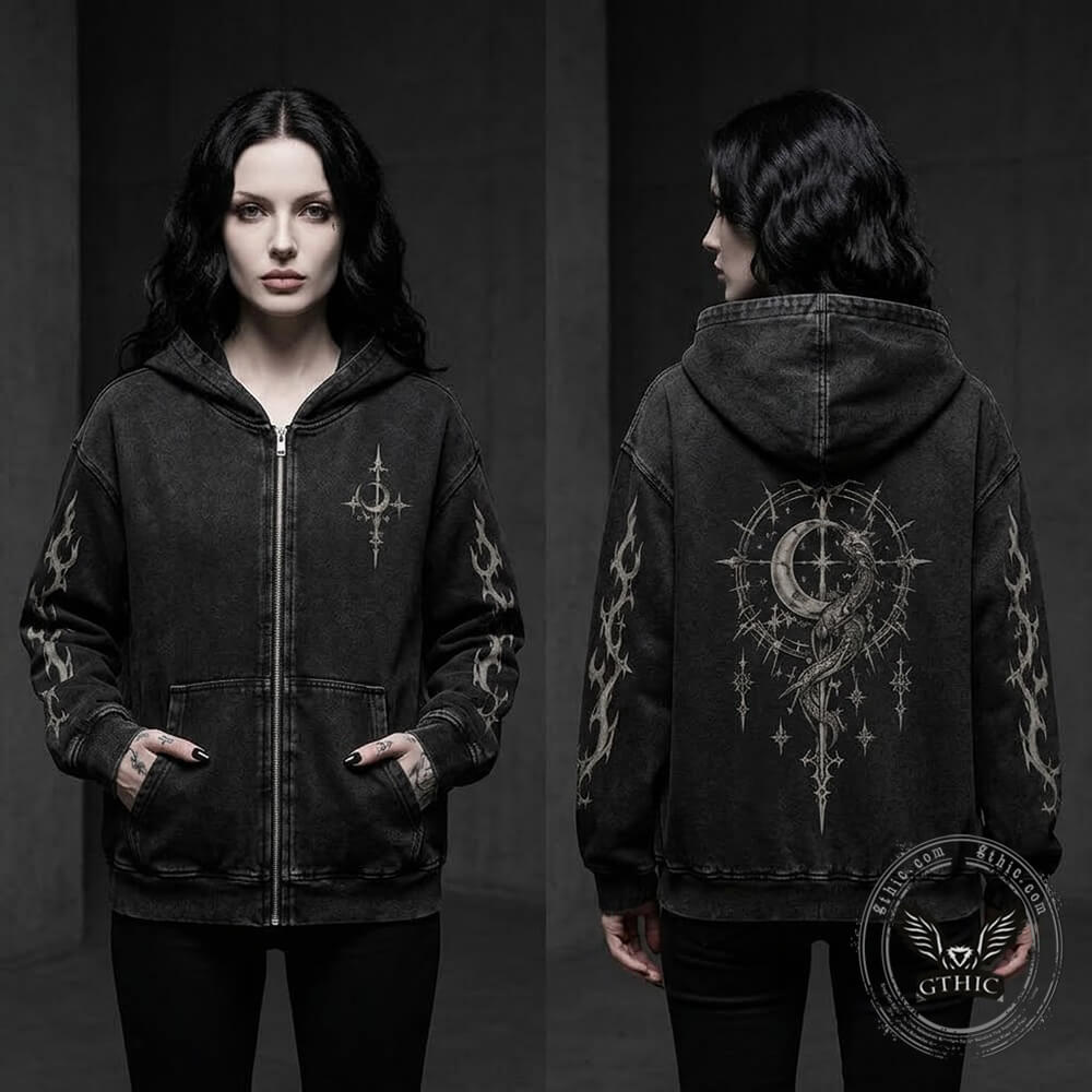 Gothic Moon Dragon Vintage Washed Zip-Up Hooded Jacket | Gthic.com