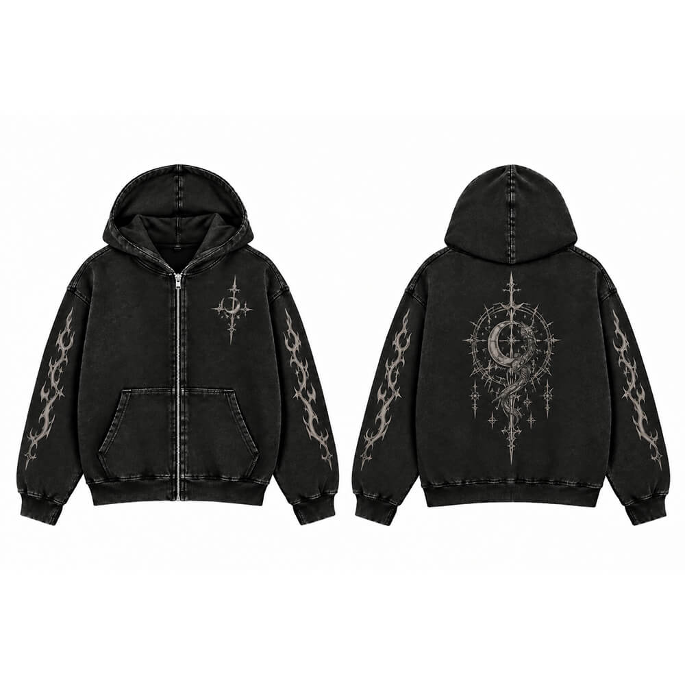 Gothic Moon Dragon Vintage Washed Zip-Up Hooded Jacket | Gthic.com